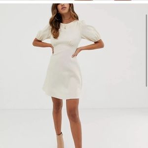 Asos Design Linen Mini Dress With Puff Sleeves